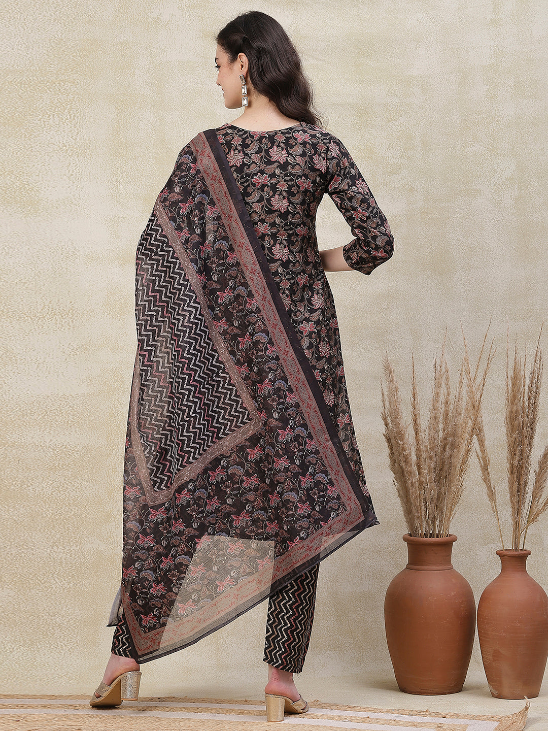 Floral Printed Mirror Embroidered Kurta with Chevron Pants & Dupatta - Black