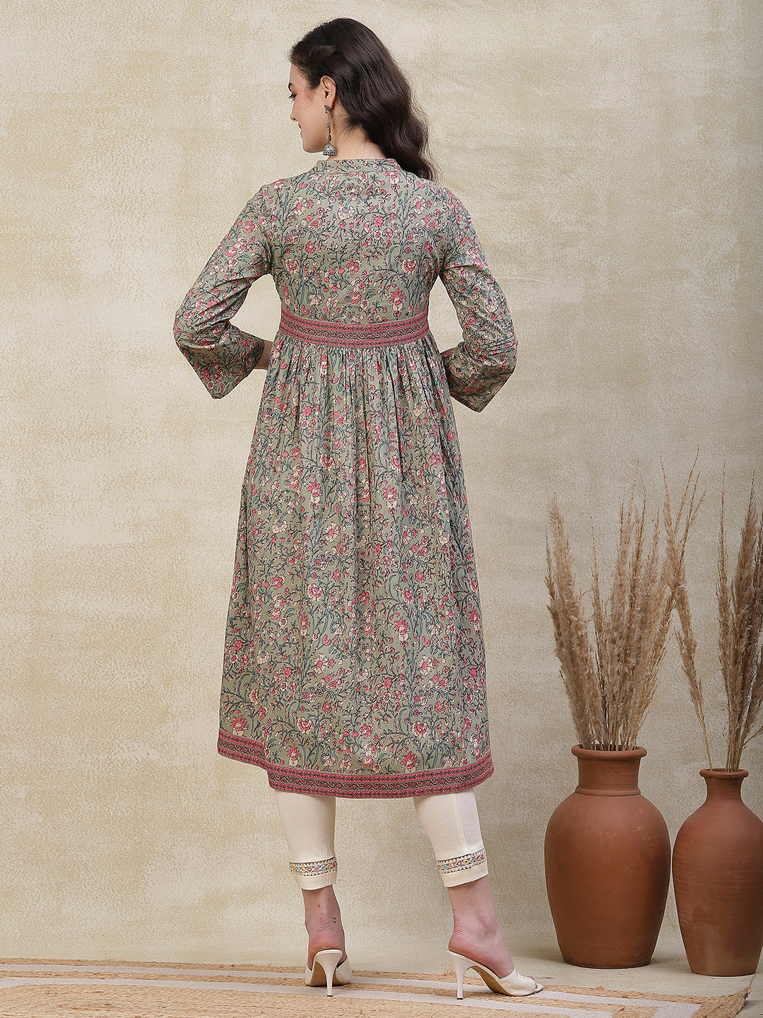 Maroon Floral Print Ethnic A-Line Pure Cotton Midi