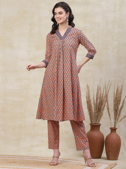 Ethnic Printed A-Line Kurta with Pant - Peach