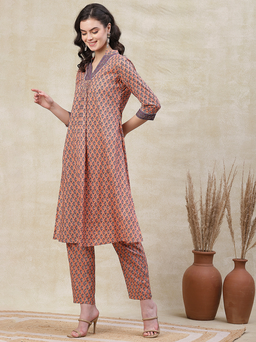 Ethnic Printed A-Line Kurta with Pant - Peach