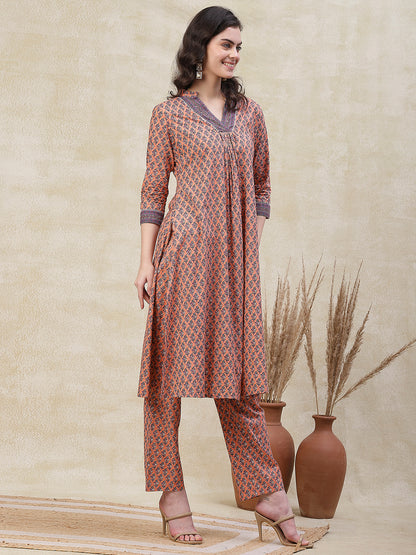 Ethnic Printed A-Line Kurta with Pant - Peach