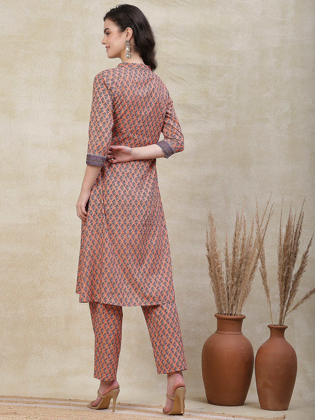 Ethnic Printed A-Line Kurta with Pant - Peach