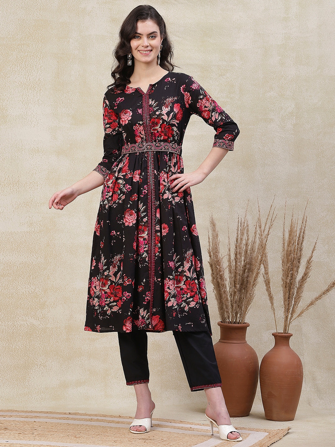 Floral Printed Mirror & Resham Embroidered Kurta with Waist Belt &Pants - Black