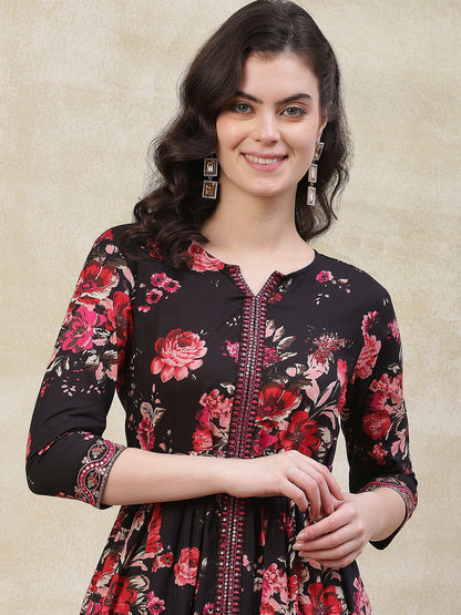 Floral Printed Mirror & Resham Embroidered Kurta with Waist Belt &Pants - Black