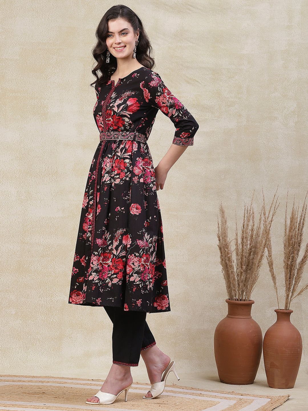 Floral Printed Mirror & Resham Embroidered Kurta with Waist Belt &Pants - Black