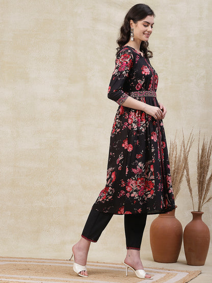 Floral Printed Mirror & Resham Embroidered Kurta with Waist Belt &Pants - Black