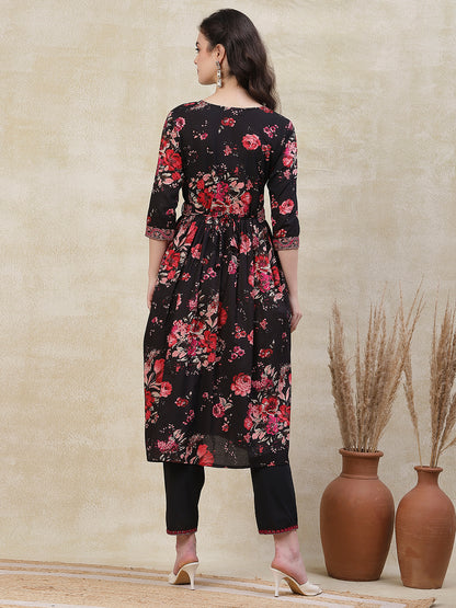 Floral Printed Mirror & Resham Embroidered Kurta with Waist Belt &Pants - Black