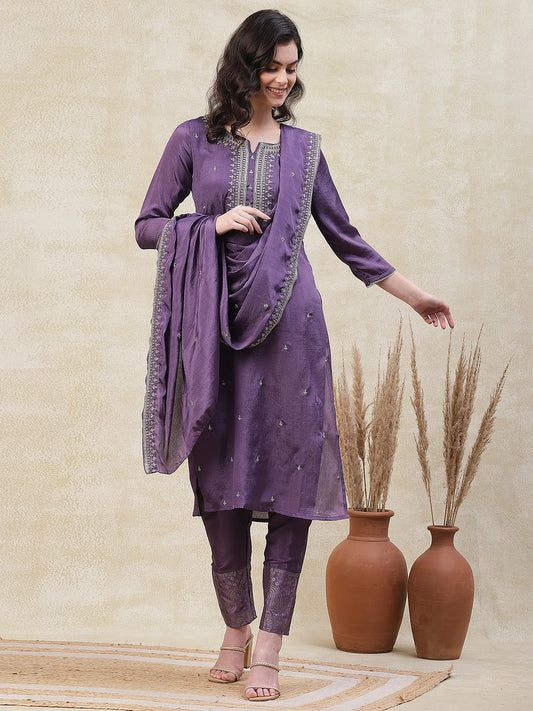 Solid Ethnic Embroidered Straight Kurta with Pant & Dupatta - Purple