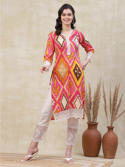 Abstract Printed Resham & Sequins Embroidered Lace Work Kurta - Pink & Multi