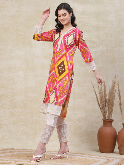 Abstract Printed Resham & Sequins Embroidered Lace Work Kurta - Pink & Multi