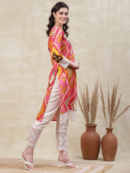 Abstract Printed Resham & Sequins Embroidered Lace Work Kurta - Pink & Multi