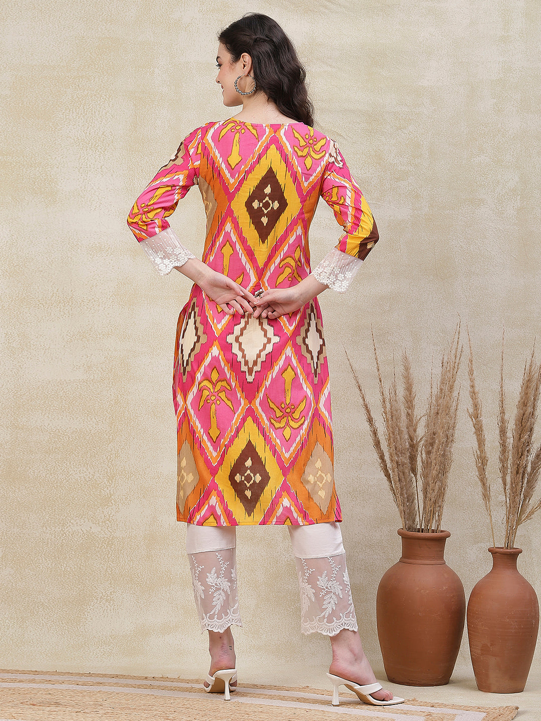 Abstract Printed Resham & Sequins Embroidered Lace Work Kurta - Pink & Multi