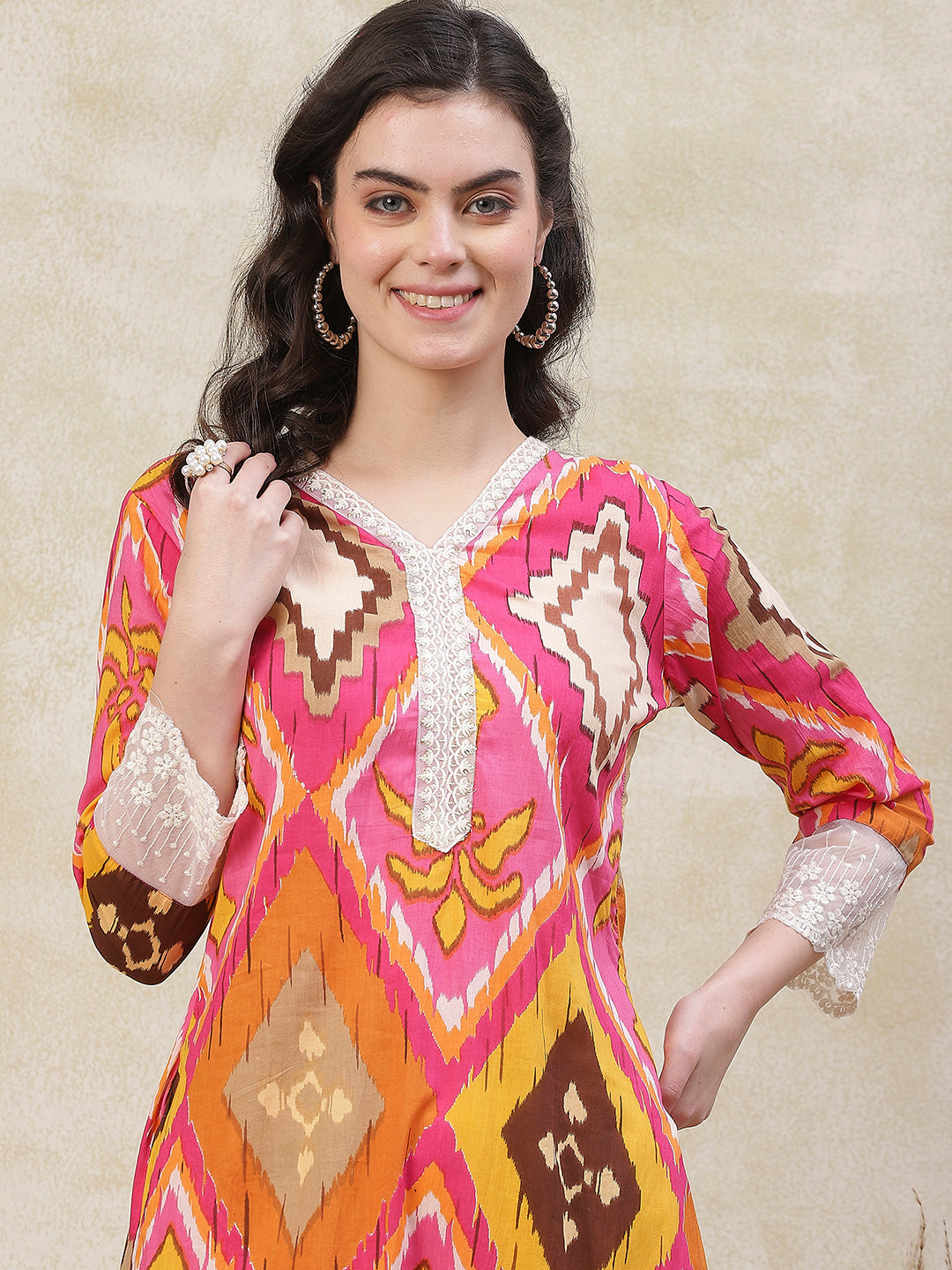 Abstract Printed Resham & Sequins Embroidered Lace Work Kurta - Pink & Multi