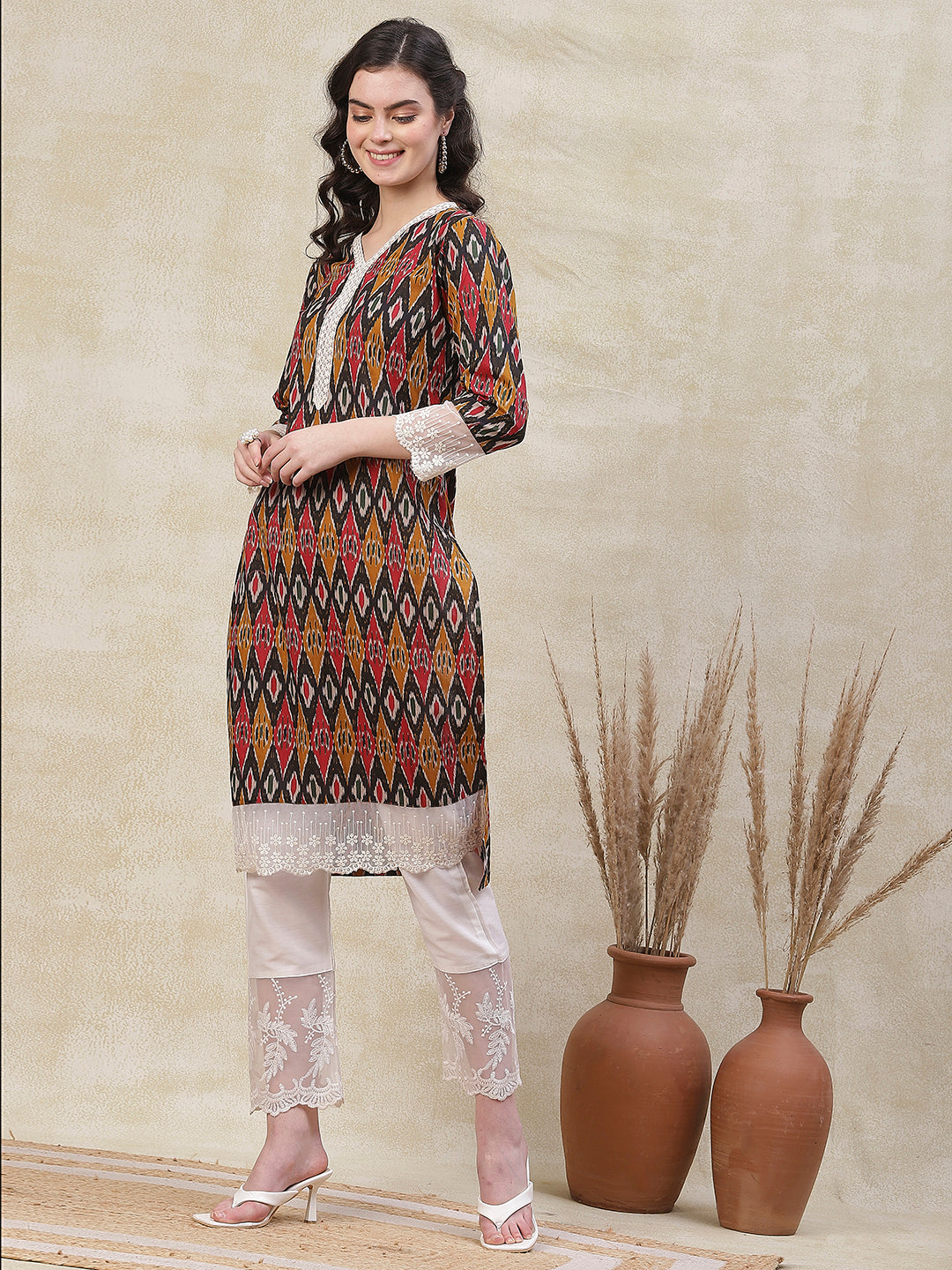 Abstract Printed Resham & Sequins Embroidered Lace Work Kurta - Multi