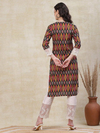 Abstract Printed Resham & Sequins Embroidered Lace Work Kurta - Multi