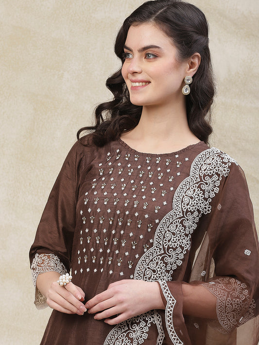 Solid Beads & Cutdana Embroidered Kurta with Pants & Embroidered Dupatta - Coffee Brown