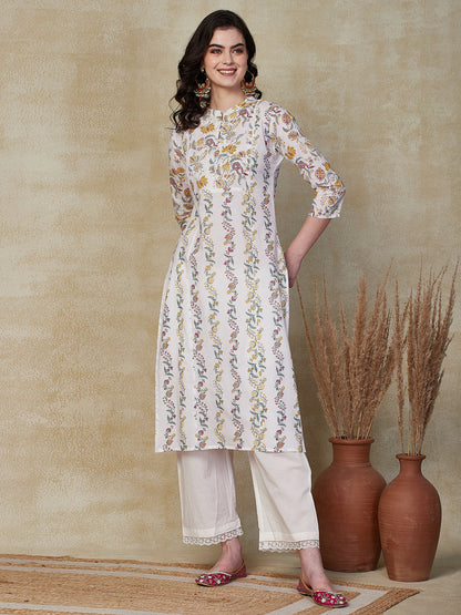 Floral Printed & Embroidered Straight Fit Kurta - White