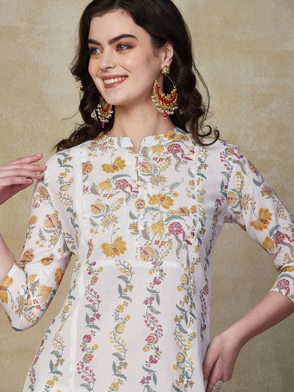 Floral Printed & Embroidered Straight Fit Kurta - White