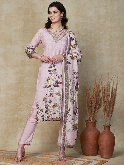 Floral Printed Mirror, Zari & Sequins Embroidered Kurta with Pants & Dupatta - Light Purple