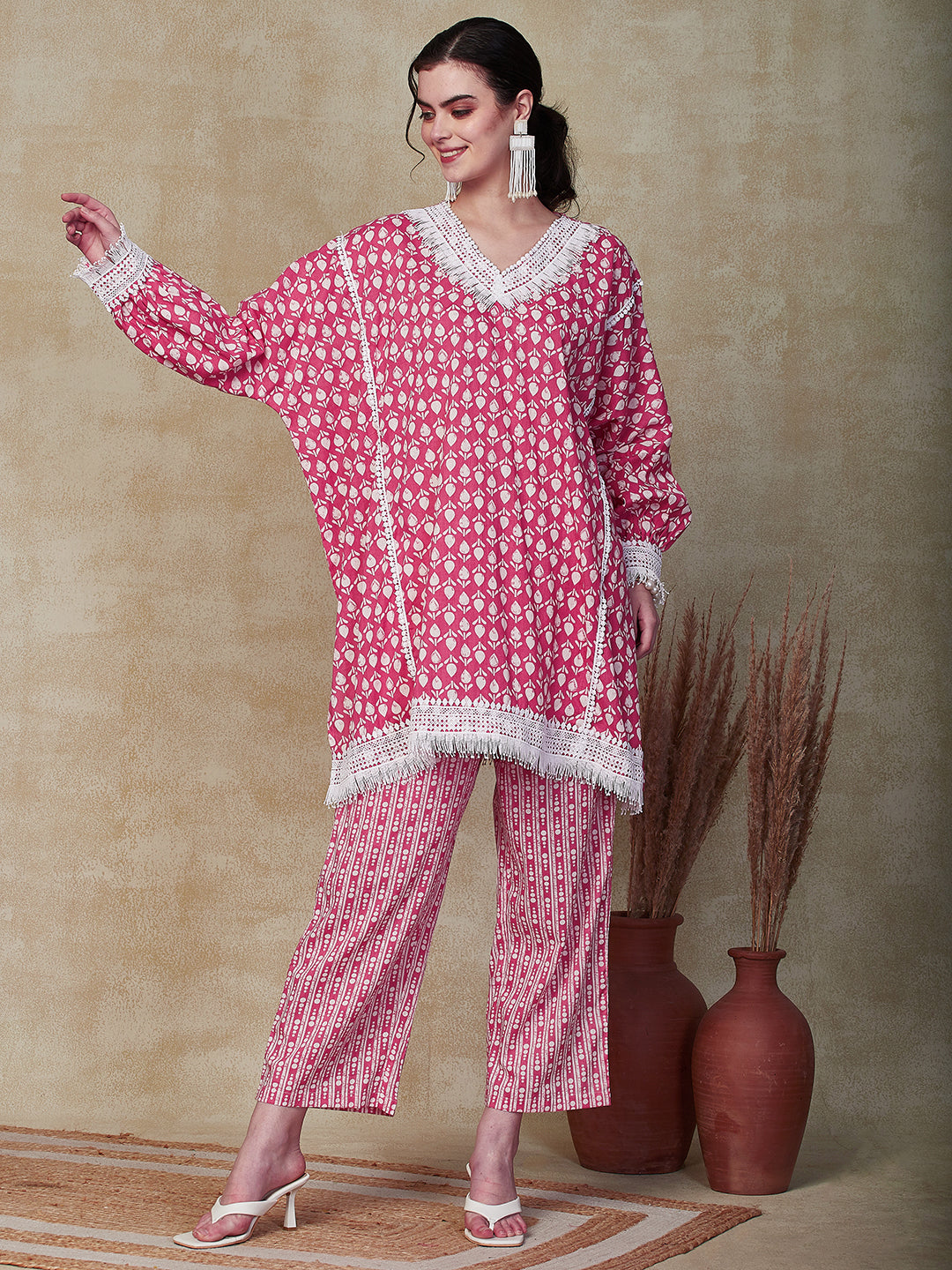 Ethnic Stripes Printed A-Line Kaftan Kurta with Printed Pant - Pink