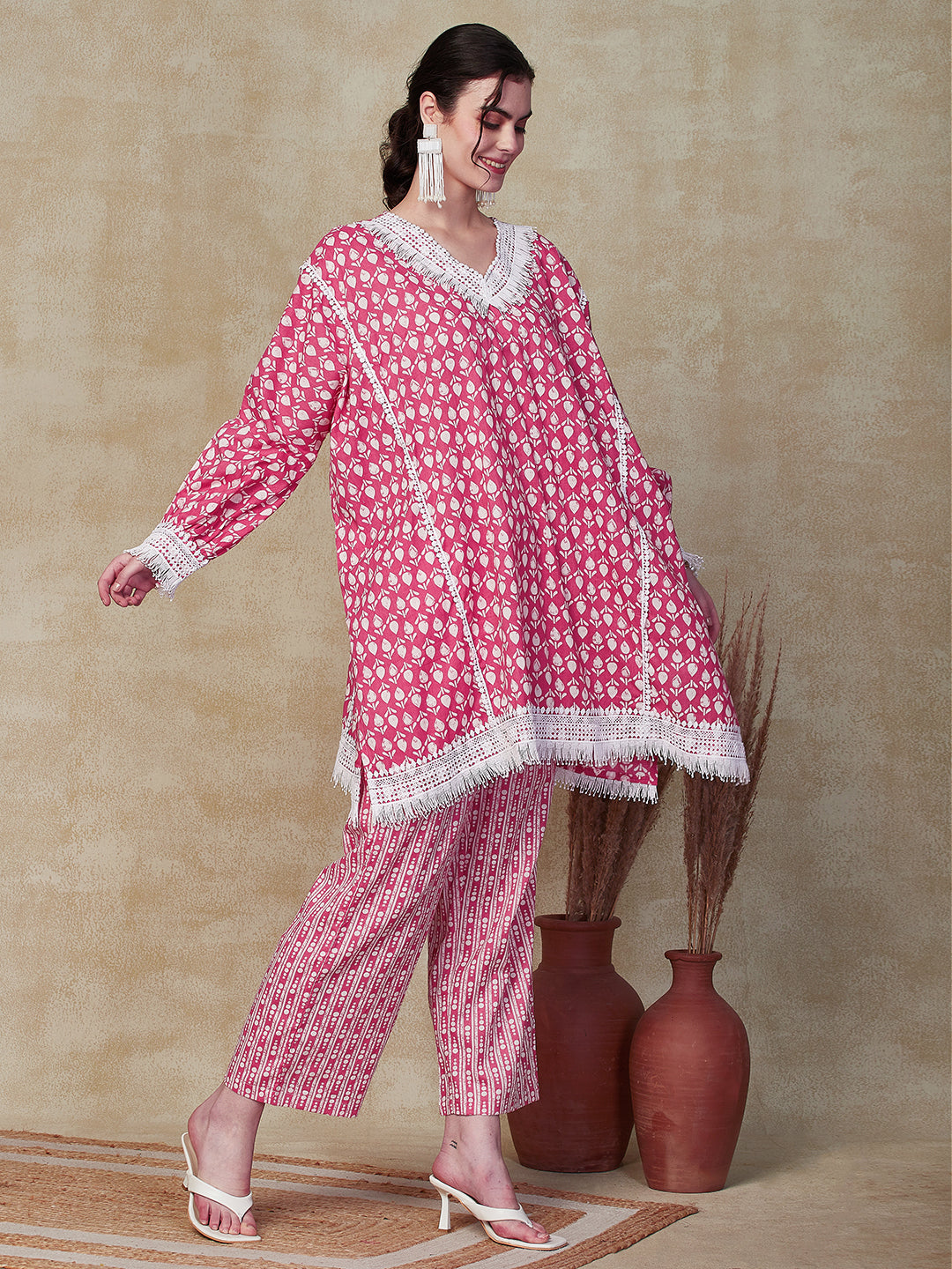 Ethnic Stripes Printed A-Line Kaftan Kurta with Printed Pant - Pink