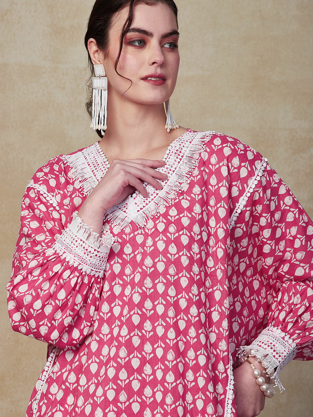 Ethnic Stripes Printed A-Line Kaftan Kurta with Printed Pant - Pink