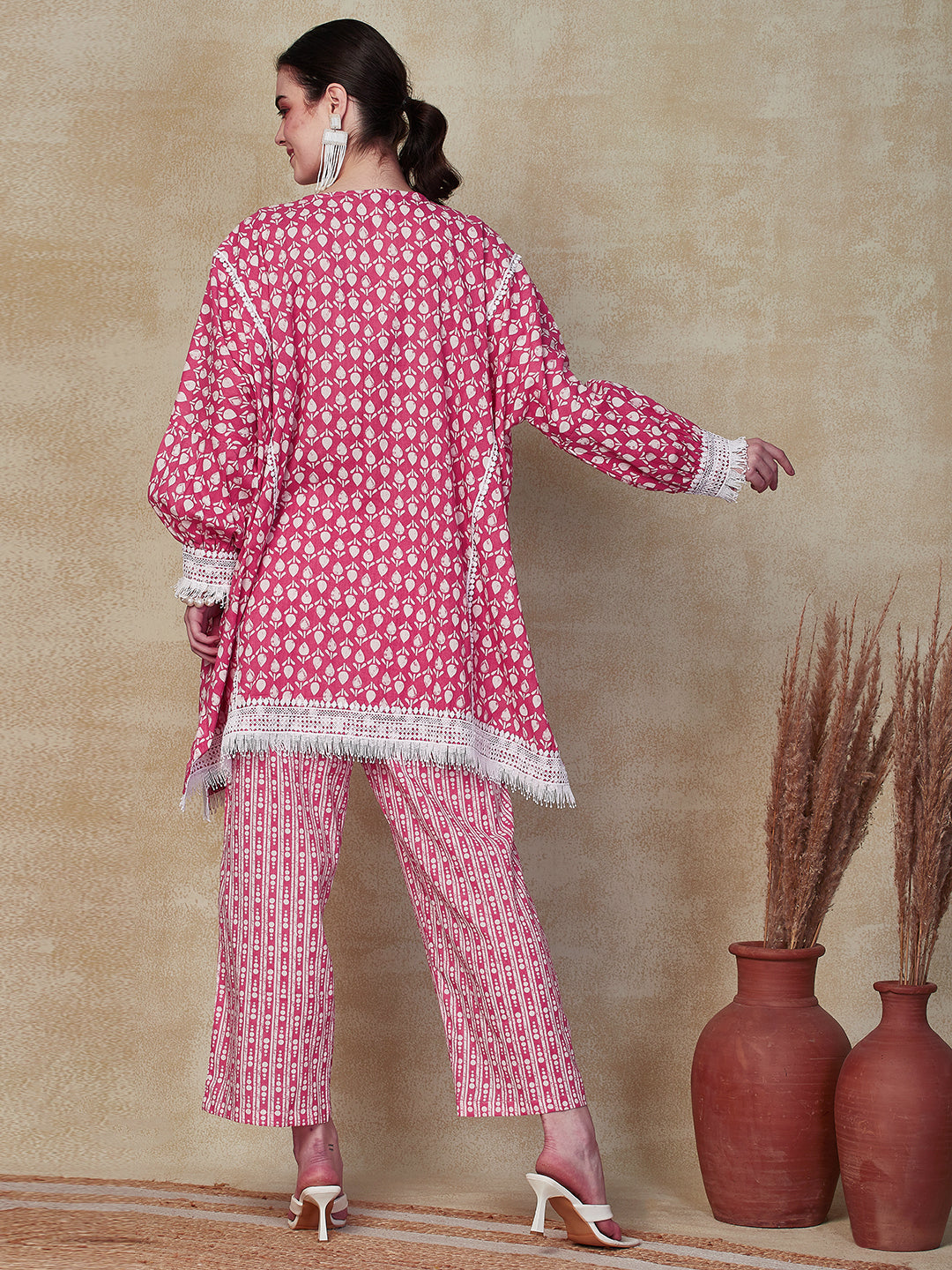 Ethnic Stripes Printed A-Line Kaftan Kurta with Printed Pant - Pink