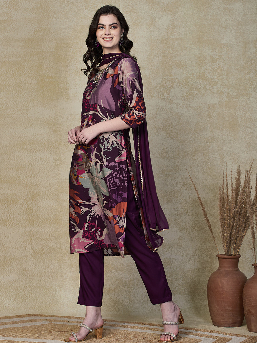 Floral Printed Beads & Sequins Aari Embroidered Kurta with Pants & Dupatta - Multi