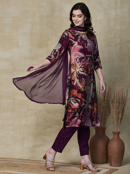 Floral Printed Beads & Sequins Aari Embroidered Kurta with Pants & Dupatta - Multi