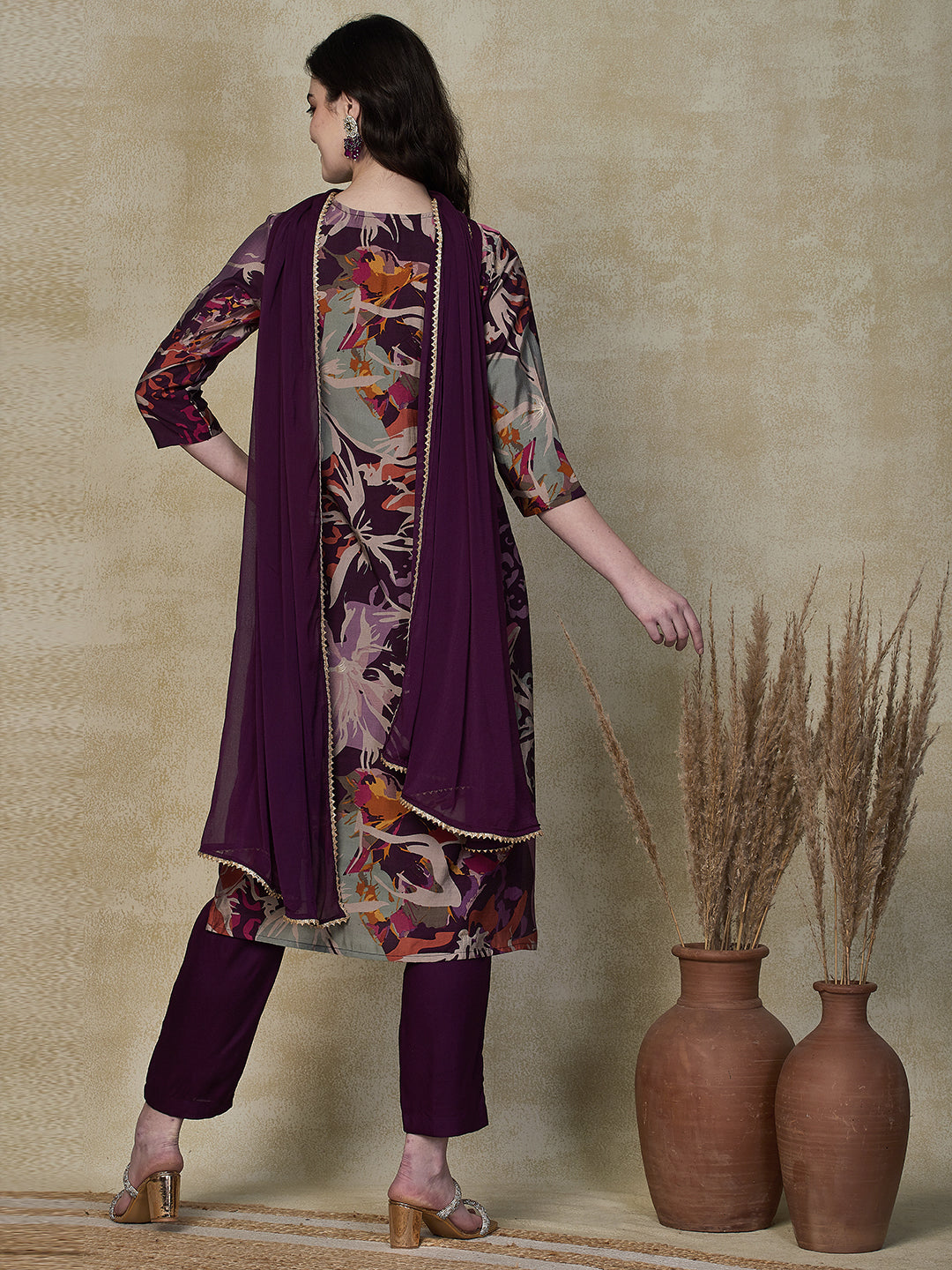 Floral Printed Beads & Sequins Aari Embroidered Kurta with Pants & Dupatta - Multi