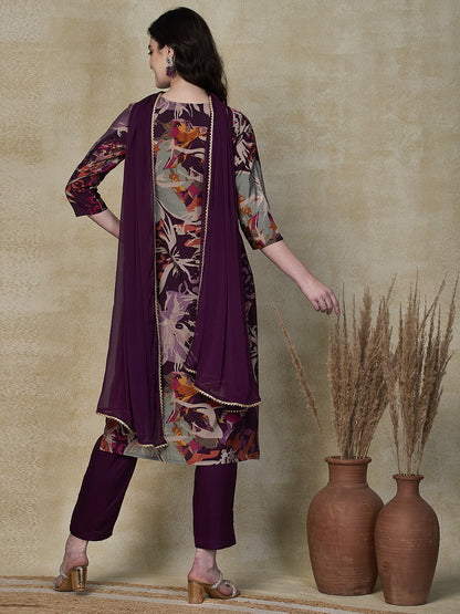 Floral Printed Beads & Sequins Aari Embroidered Kurta with Pants & Dupatta - Multi