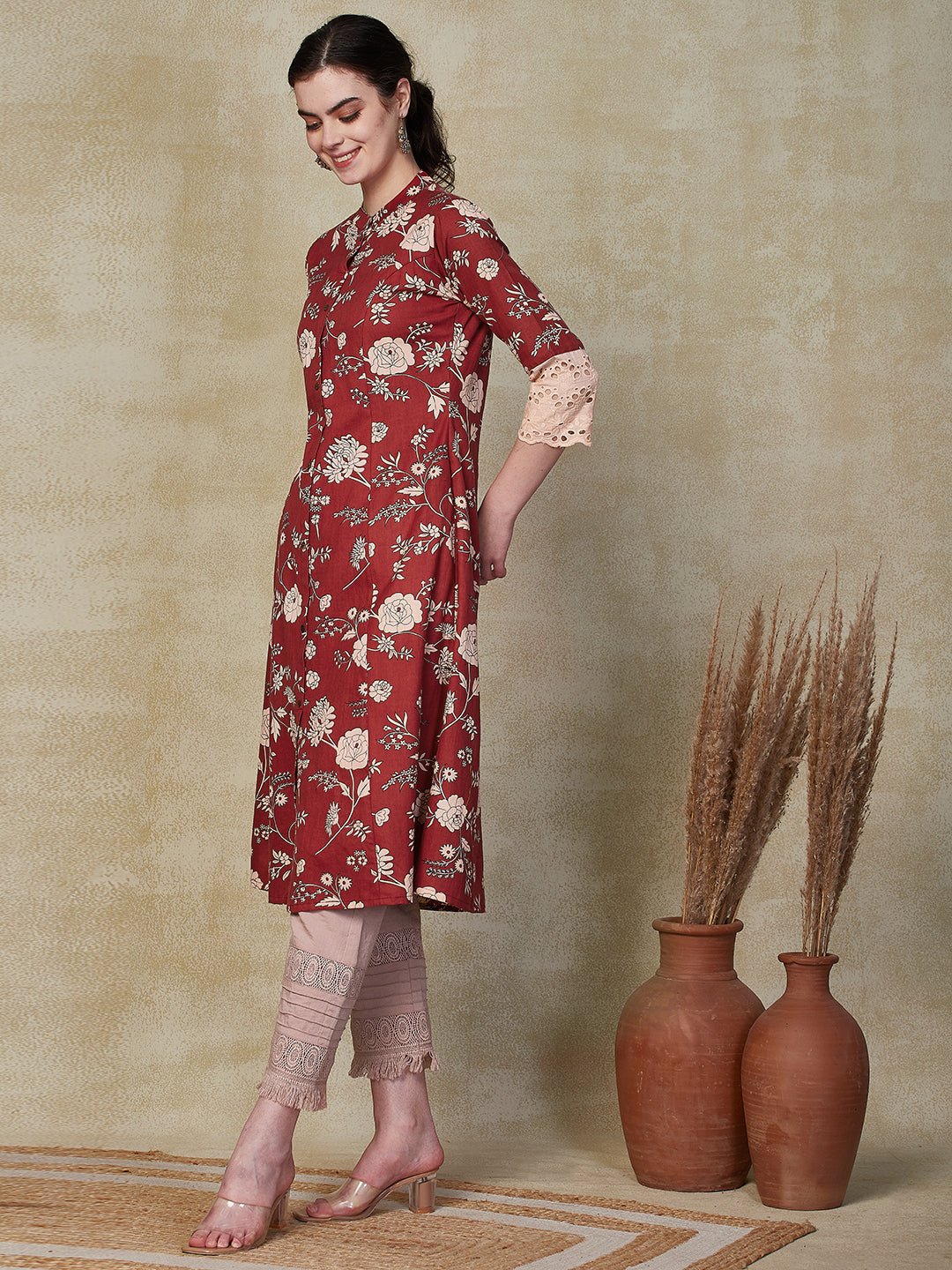 Floral Printed Schiffili Lace Embellished Paneled A-line Kurta - Maroon