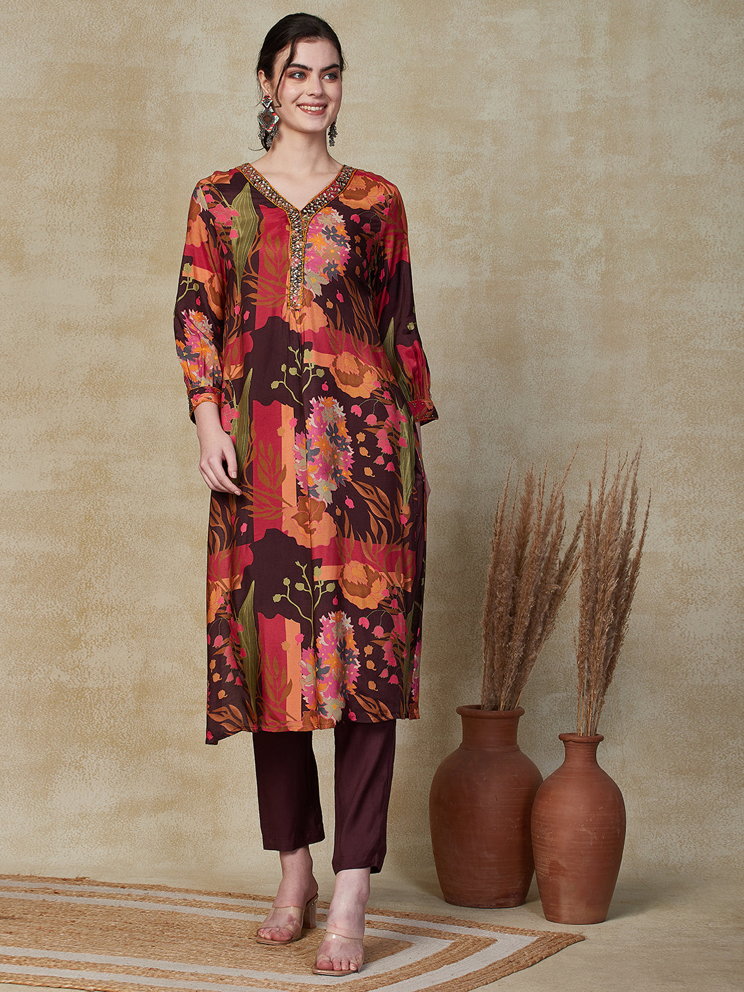 Floral Printed Cutdana, Beads & Sequins Embroidered Kurta with Pants - Multi