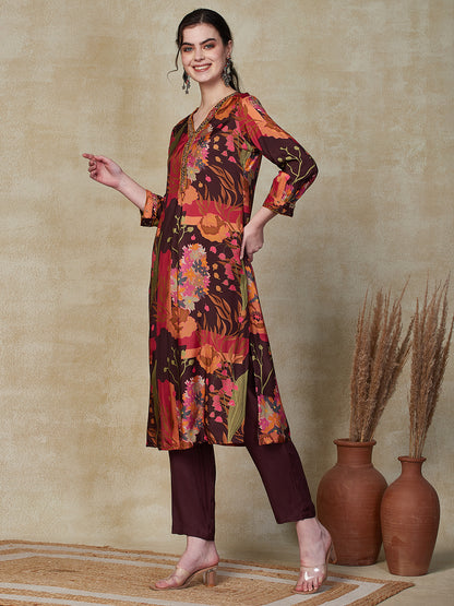 Floral Printed Cutdana, Beads & Sequins Embroidered Kurta with Pants - Multi