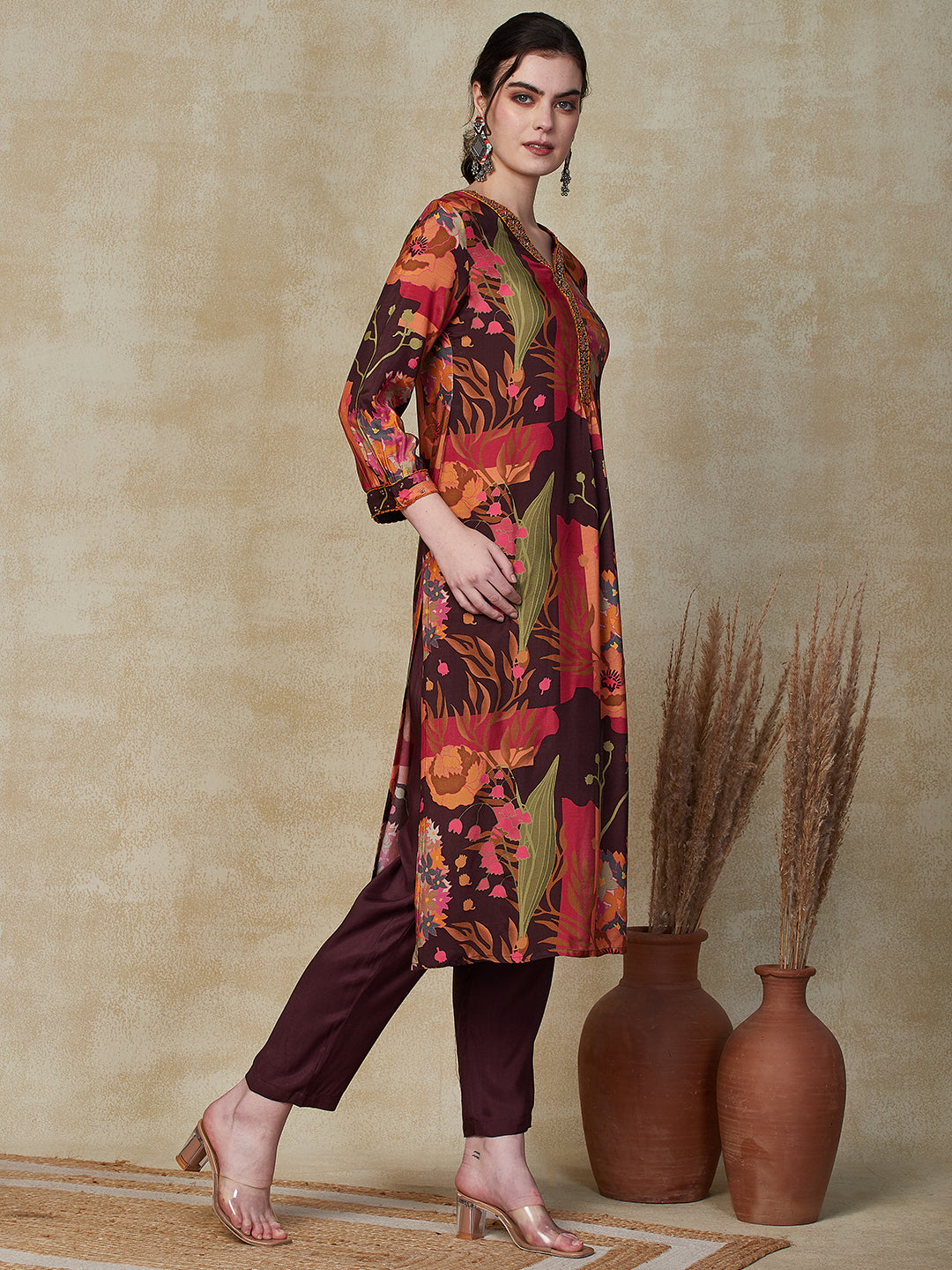 Floral Printed Cutdana, Beads & Sequins Embroidered Kurta with Pants - Multi