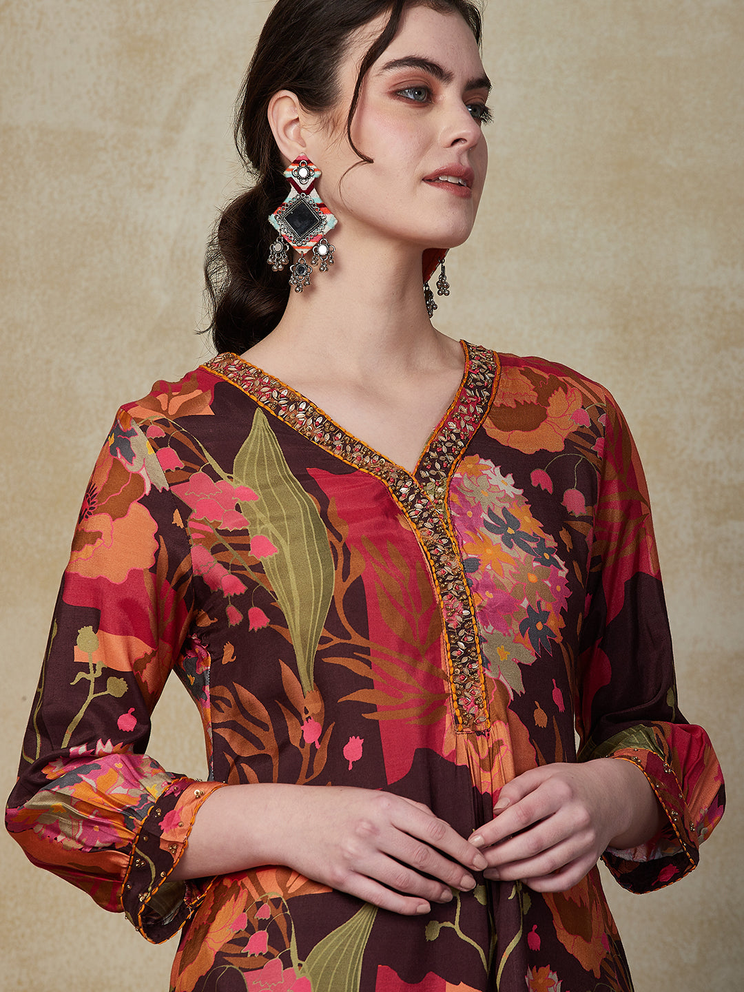 Floral Printed Cutdana, Beads & Sequins Embroidered Kurta with Pants - Multi