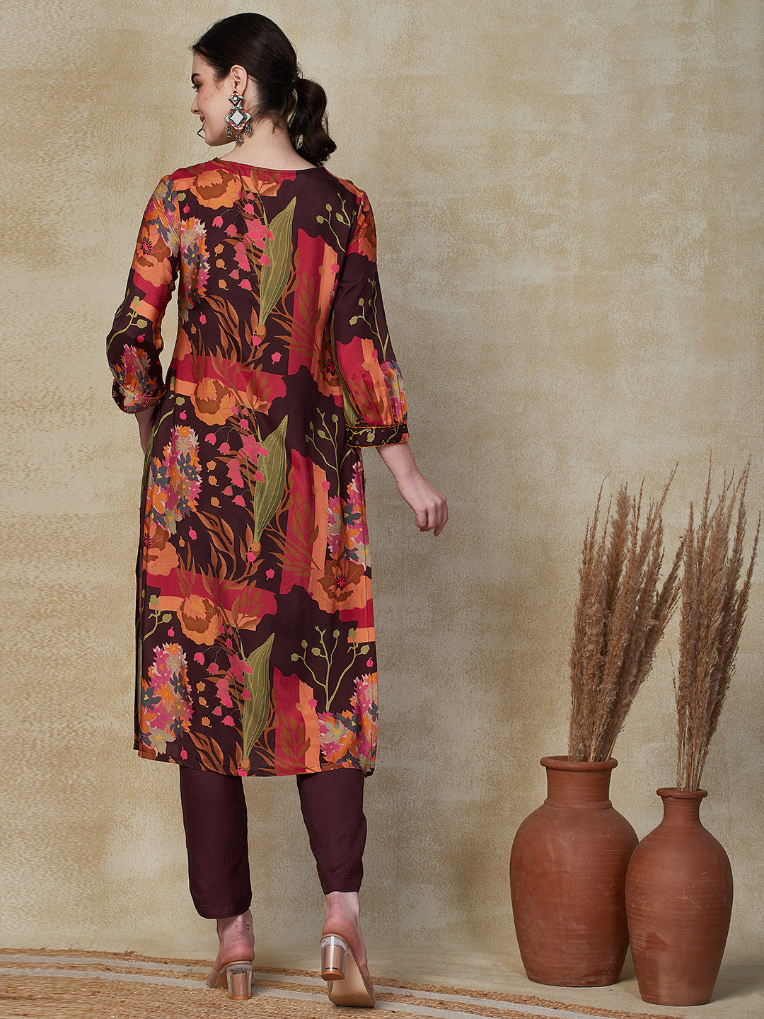 Floral Printed Cutdana, Beads & Sequins Embroidered Kurta with Pants - Multi