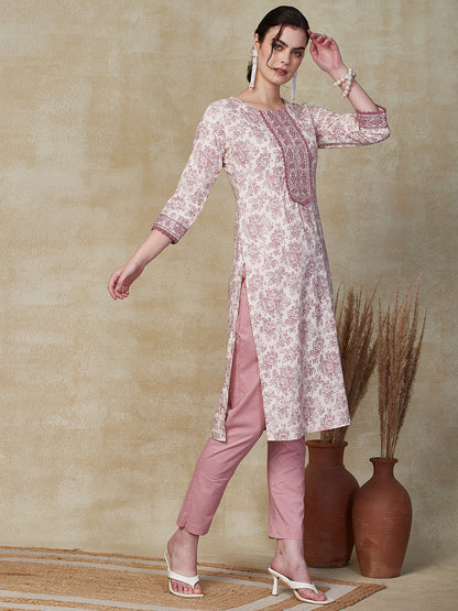 Floral Printed Resham & Sequins Embroidered Kurta with Pants - Off White