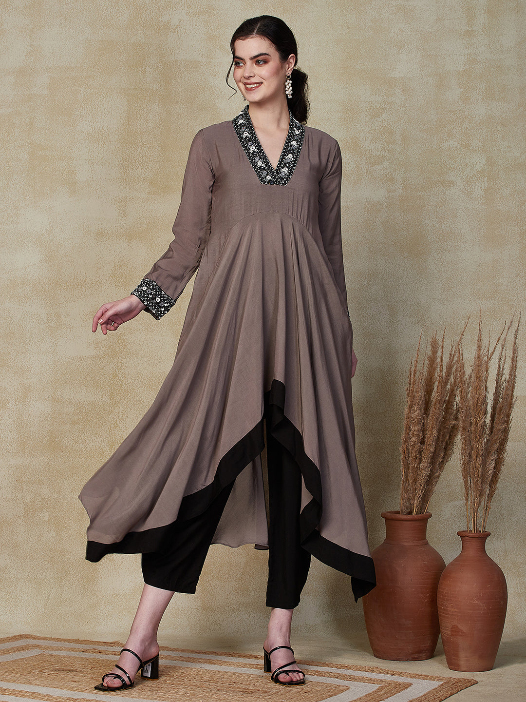 Solid Ethnic Embroidered A Line High Low Kurta with Dhoti Pant Grey FASHOR