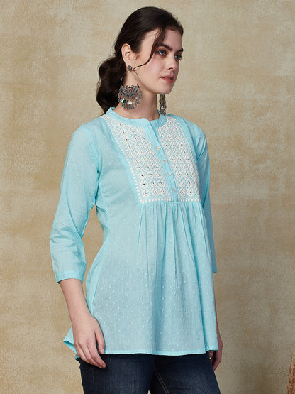 Solid Mirror & Resham Embroidered Short Kurti - Sky Blue