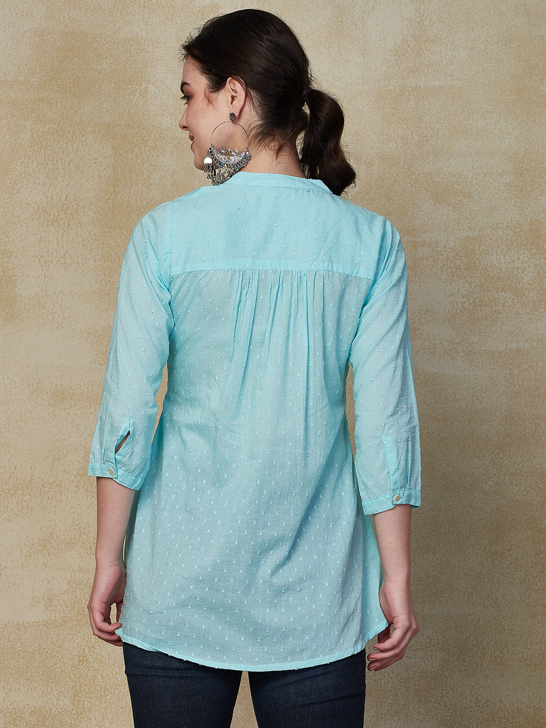 Solid Mirror & Resham Embroidered Short Kurti - Sky Blue