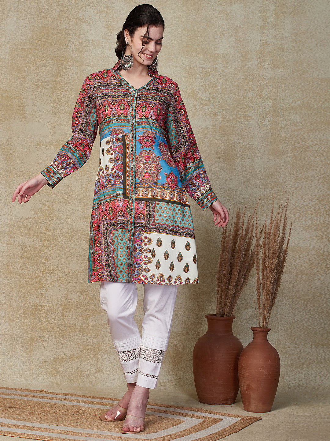 Floral & Ethnic Printed Wooden Buttoned A-line Mul-Cotton Kurta - Multi