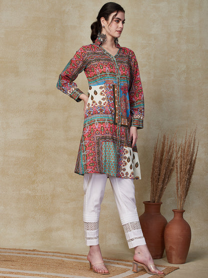 Floral & Ethnic Printed Wooden Buttoned A-line Mul-Cotton Kurta - Multi