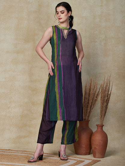 Ethnic Stripes Printed Straight Fit Kurta with Palazzo - Purple