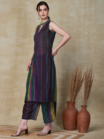 Ethnic Stripes Printed Straight Fit Kurta with Palazzo - Purple