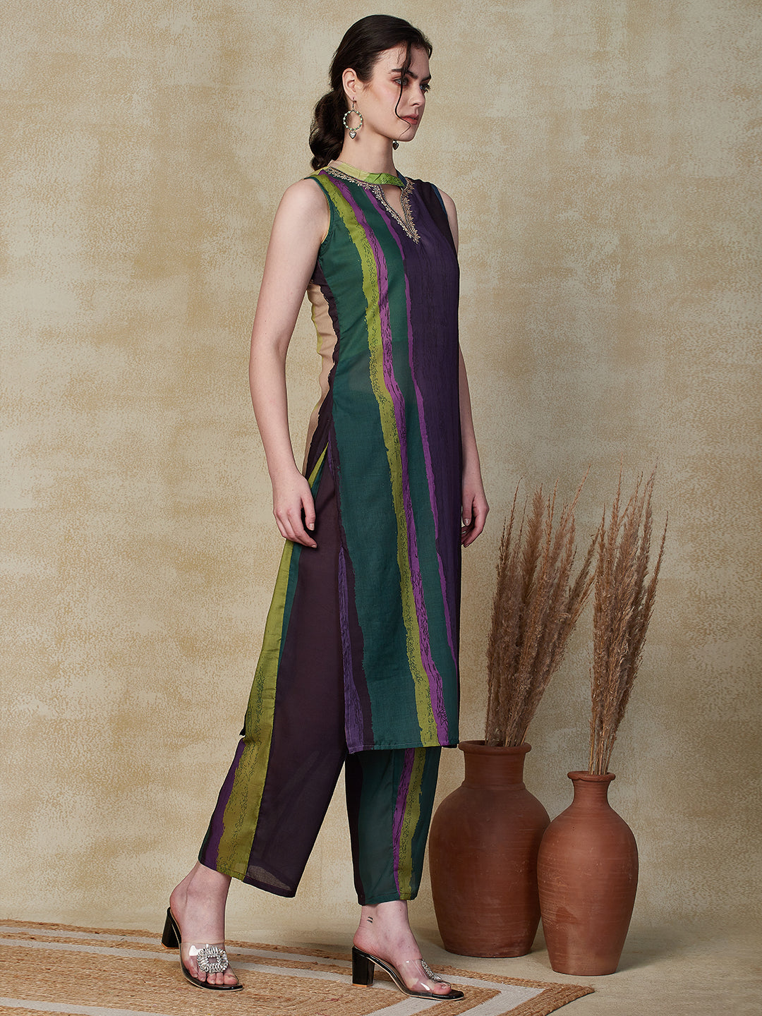 Ethnic Stripes Printed Straight Fit Kurta with Palazzo - Purple