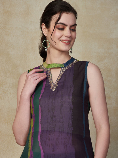 Ethnic Stripes Printed Straight Fit Kurta with Palazzo - Purple