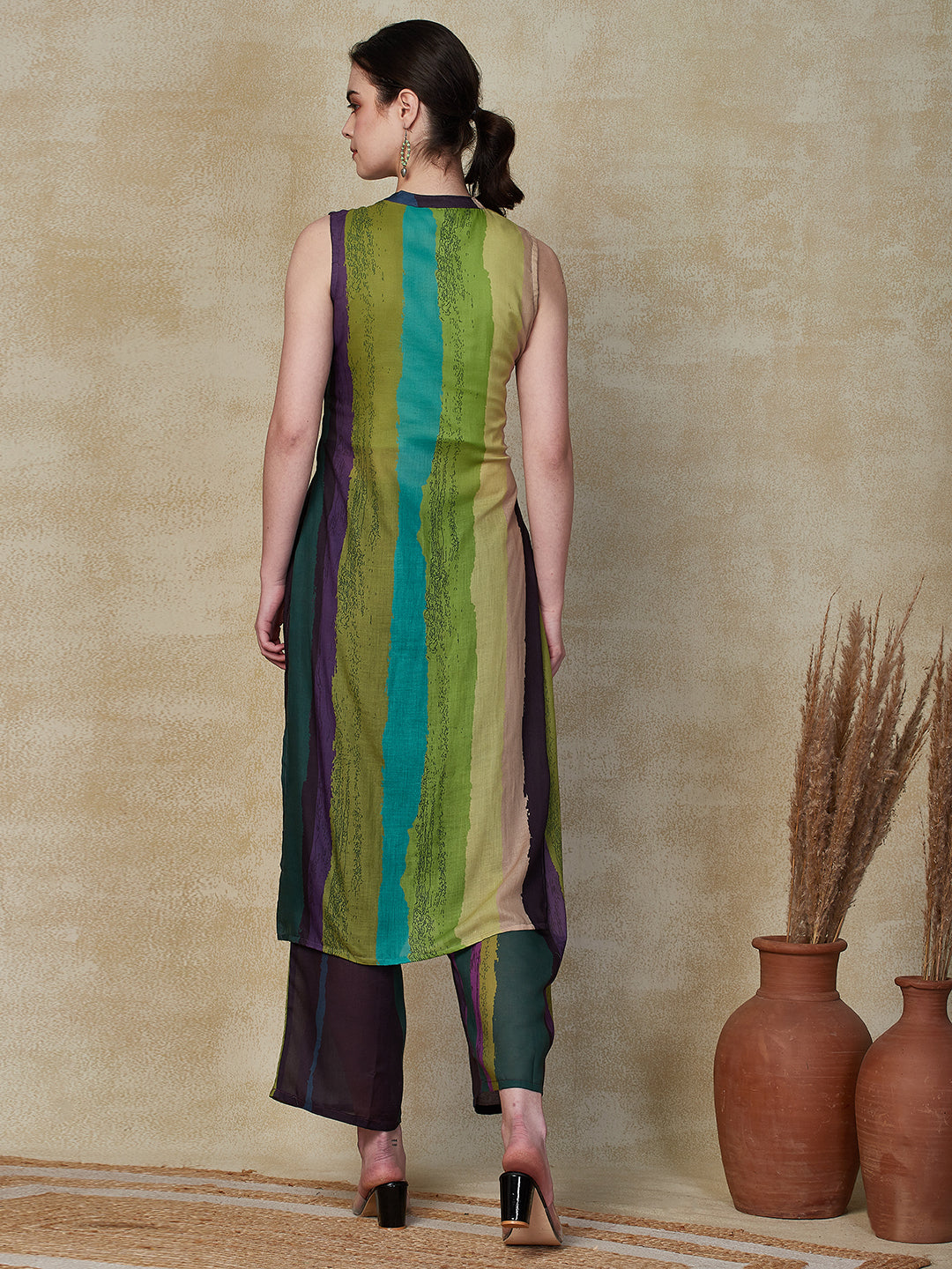 Ethnic Stripes Printed Straight Fit Kurta with Palazzo - Purple