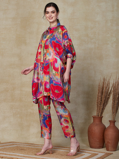 Abstract Printed Sequined Kaftan Style Kurta with Pants Indo-Western Co-ord Set - Multi