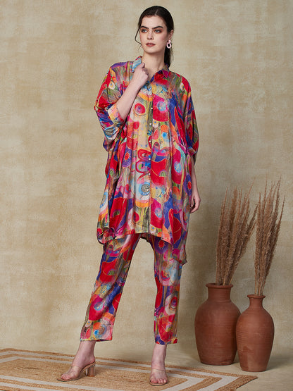 Abstract Printed Sequined Kaftan Style Kurta with Pants Indo-Western Co-ord Set - Multi